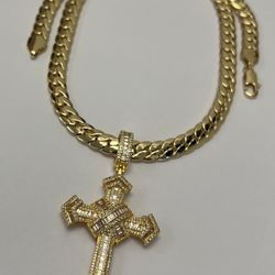 14k premium gold plated iced out cross pendant and necklace 