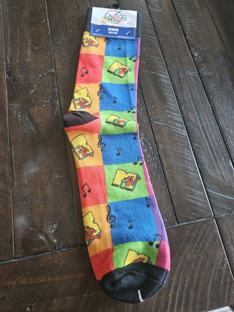 NWT Sweda MTV Music Television Multicolor Crew Socks, Adult Shoe Size 4-10