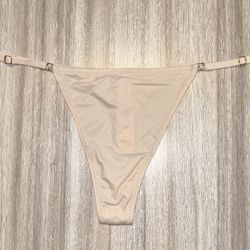 New Victoria Secret Panties Thong Large Beige Adjust Straps Gold Logo Rings