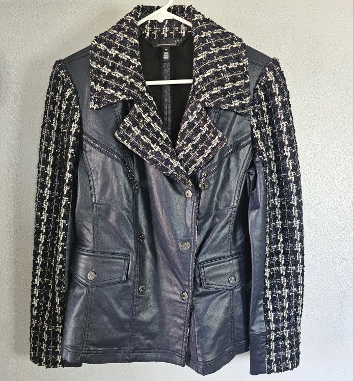 White House Black Market Jacket Coat Tweed Motorcycle Blue Size 10
