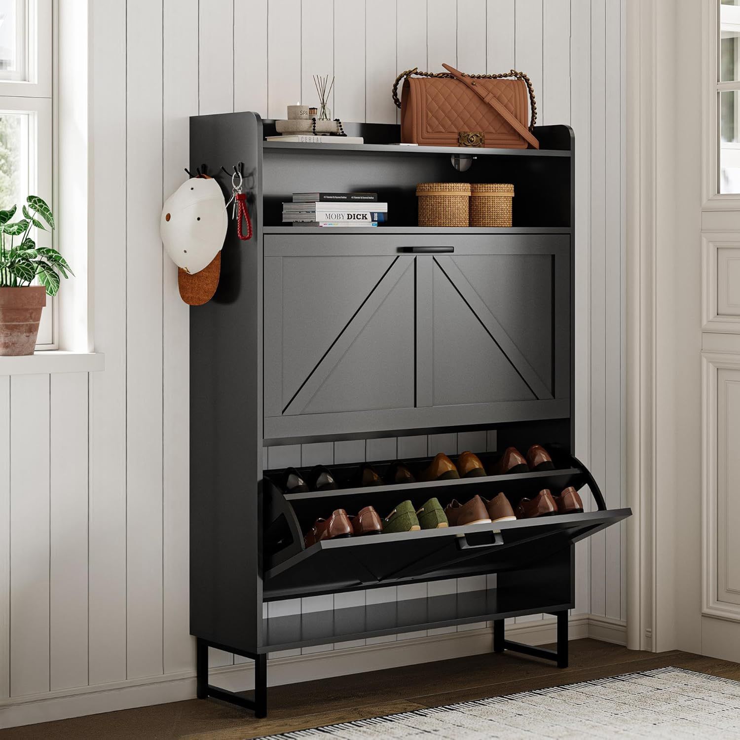 Shoe Cabinet with 2 Flip Drawers, 45" Freestanding Narrow Wood Shoe Storage Cabinet with Metal Legs and Hooks, Slim Shoe Rack Organizer for Entryway,