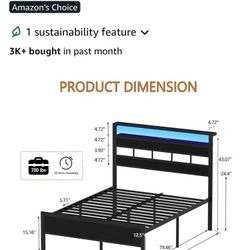 Full Size Bed Frame with LED Light and Charging Station Metal Platform Bed 