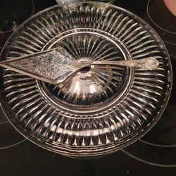 Vintage Glass Cake Pedestal w/Silver Serving