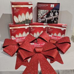 Christmas C9 Lights, Clips And LARGE Outdoor Bows