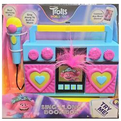 Trolls World Tour Sing-Along Boombox w/Microphone, Built-In Music & Connect Any Music Device/ Connects To Your MP3 Player *Batteries Included*