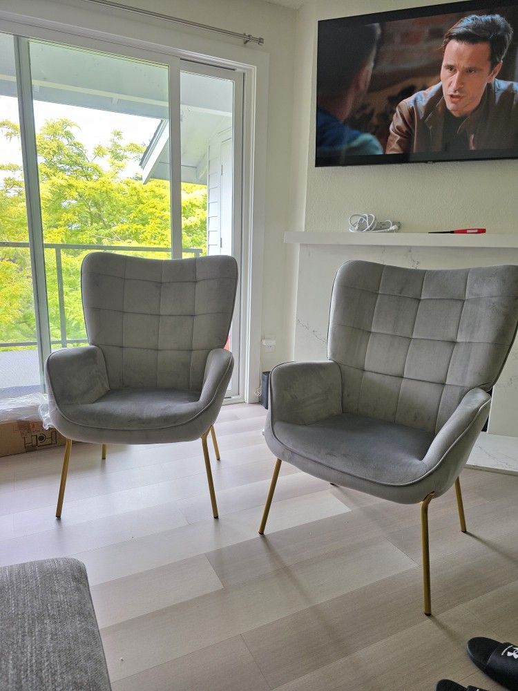 Accent Chairs, Set Of 2, Armchairs with Gold Metal Legs Gold Gray