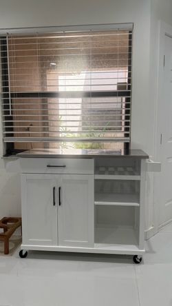 White Kitchen Island Cart with Stainless Steel Top