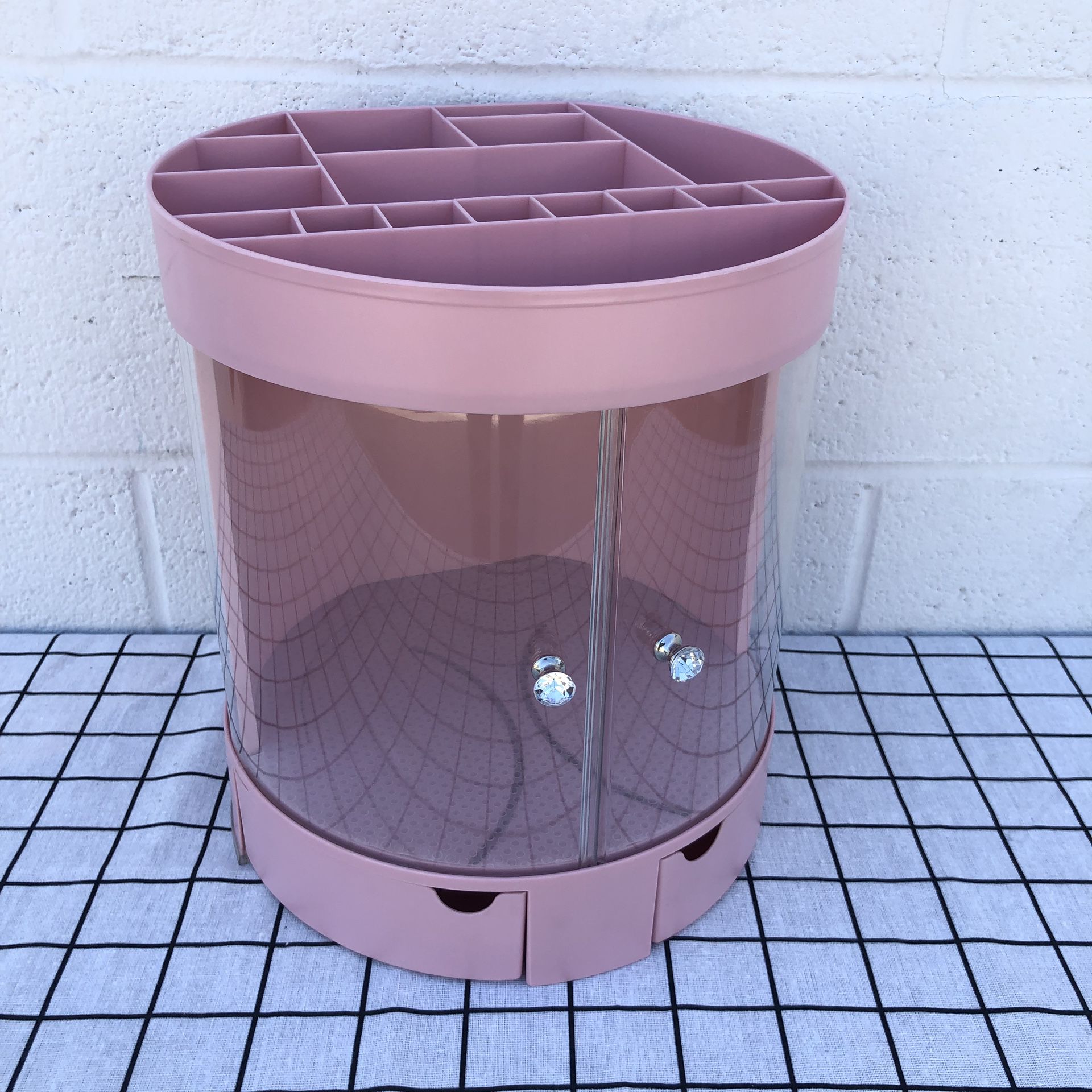 New Pink Makeup Organizer Box Desktop Storage Container Plastic Bin With Doors Lipsticks Holder For Household