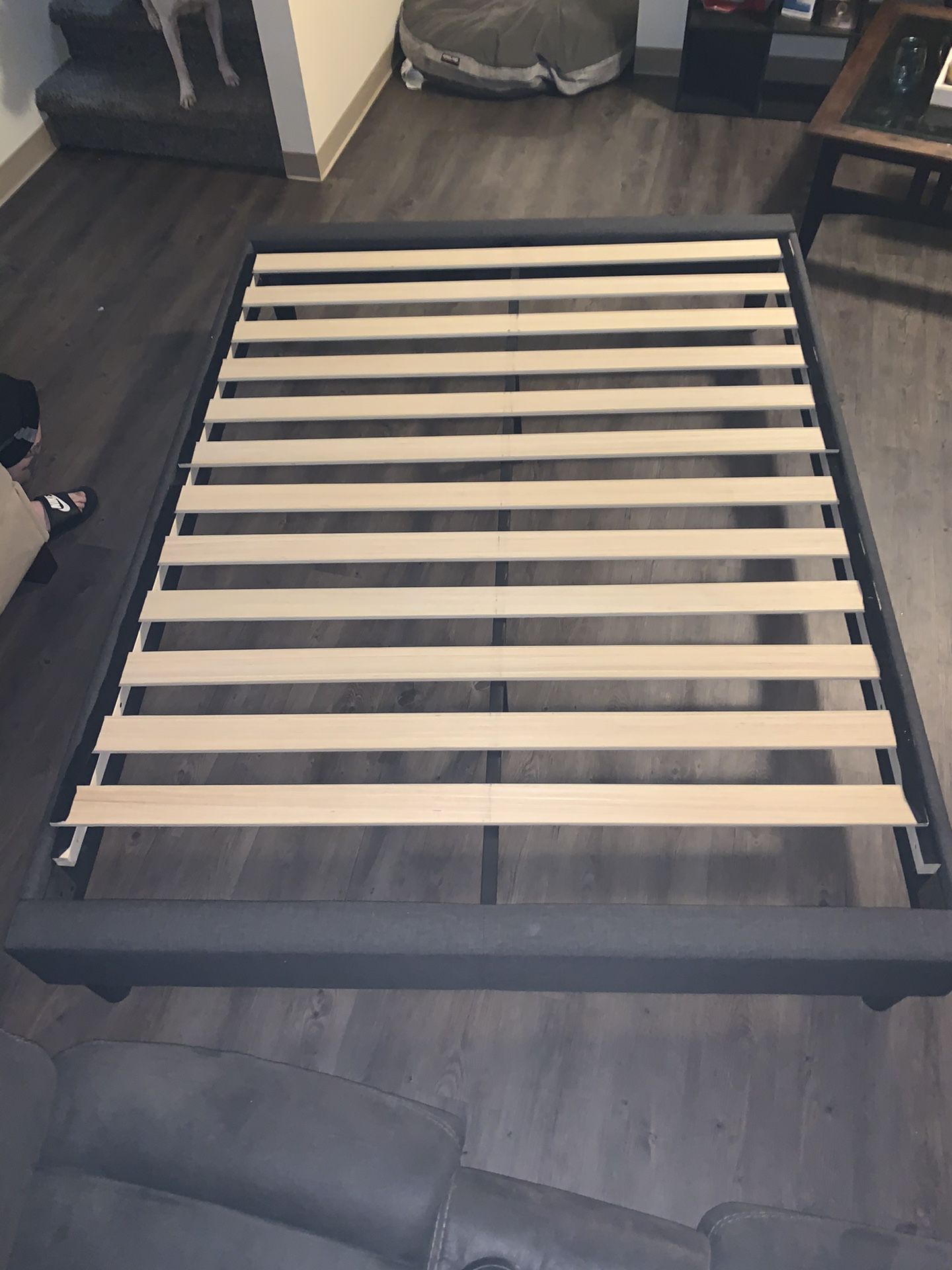 Gray fabric Queen bed frame