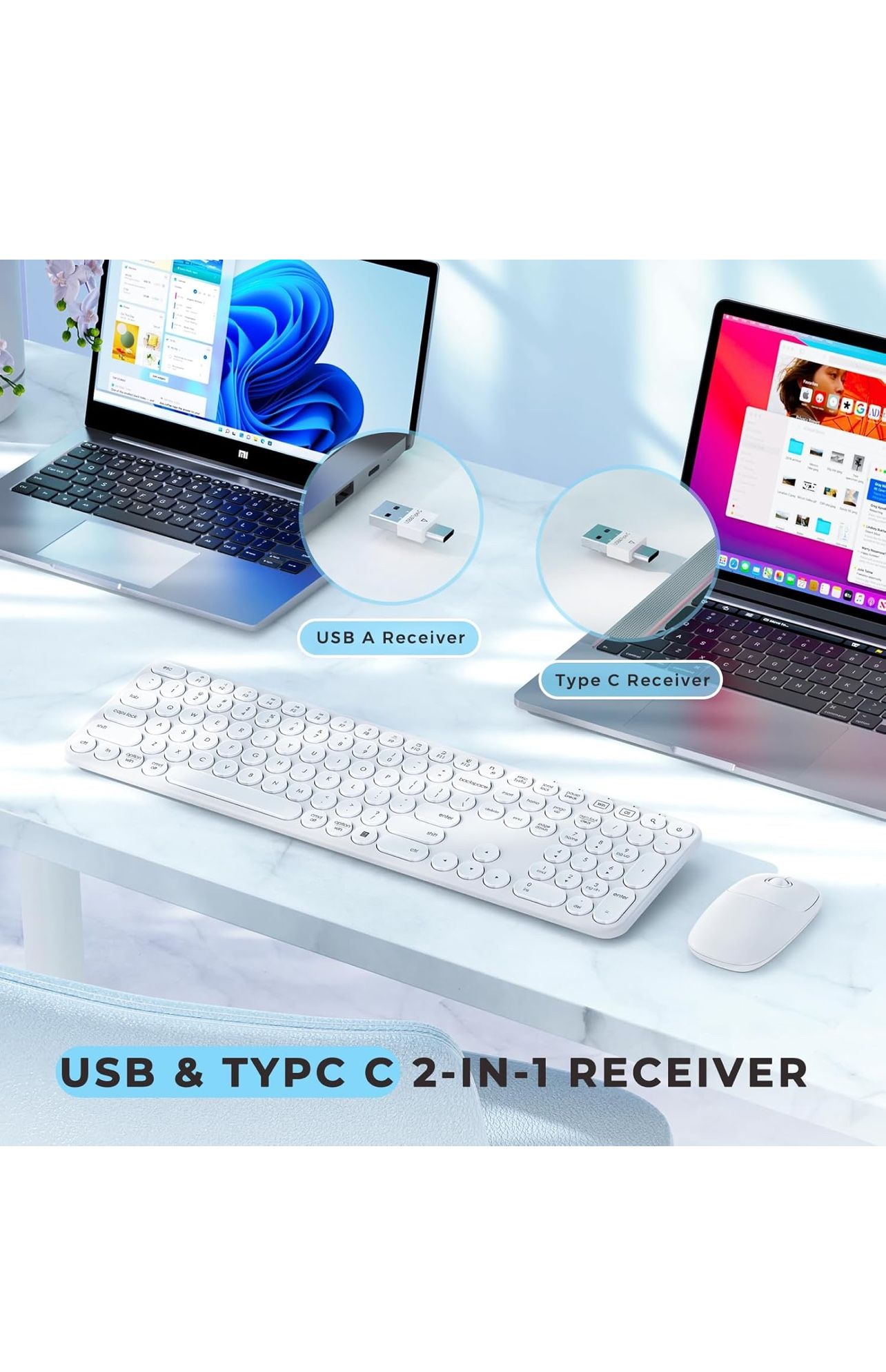 Wireless Keyboard and Mouse, USB & Type C 2-in-1 Receiver, SK73-3 Full Size White Wireless Keyboard Mouse Combo, Compatible for Windows, MacBook Pro/A