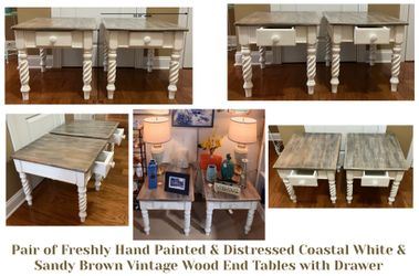 2 Freshly Hand Painted & Distressed Coastal White & Sandy Brown Vintage Wood End Tables w Drawer