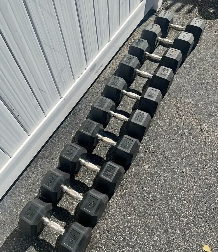 Complete Set Of 5 Pairs Of Rubber Urethane Hex Hampton Dura-bell Urethane Dumbbells - 45 To 65