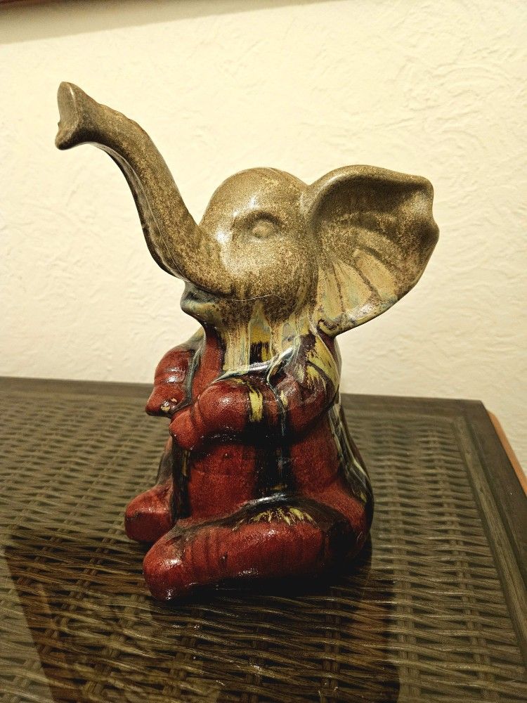 Good Luck Ceramic Elephant With A Maroon Red And Tan Drip Glaze