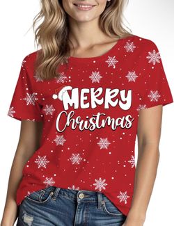 Christmas Shirts for Women: Merry Christmas Snowflake Tree Printed Short Sleeve Costumes Crewneck Casual Pattern T-Shirt（large）