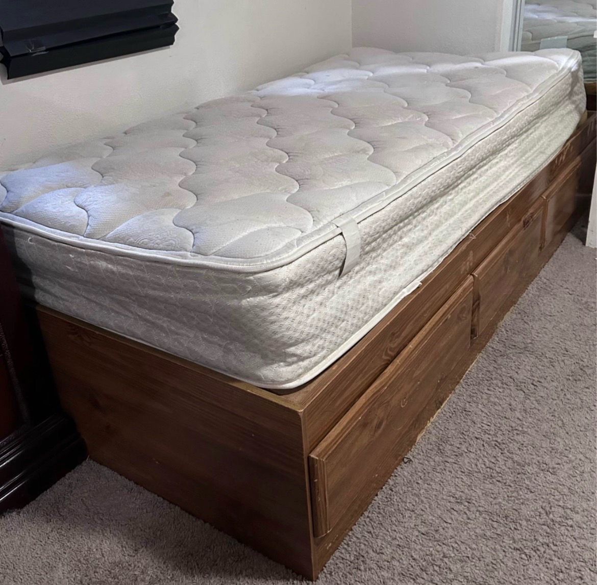 TWIN MATRESS AND BED FRAME TOGETHER WITH THREE DRAWERS