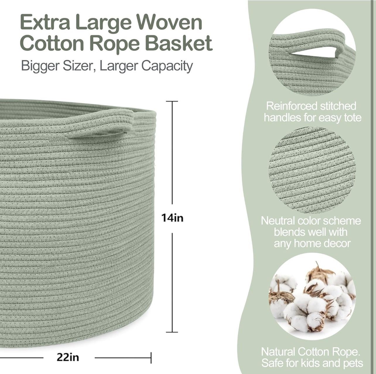 New/sealed green extra large woven rope storage basket/bin 22”x22”14”