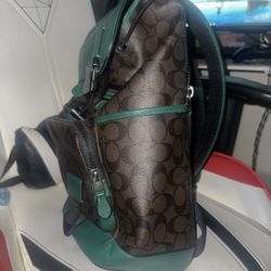 Coach League Flap Backpack Brown And Green Leather 