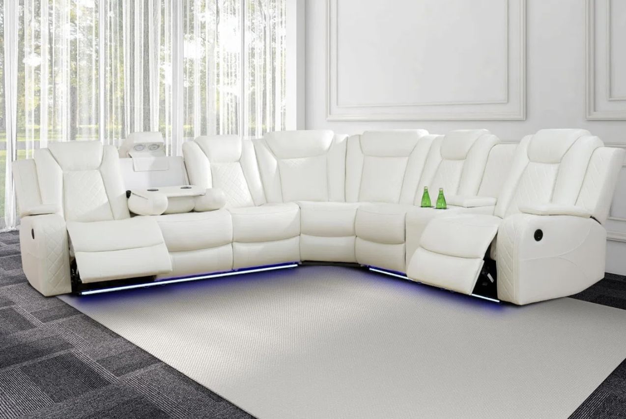 Power Electric White Leather Fully Reclining Sectional Couch 