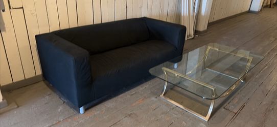 Free couch, glass coffee table and shelf