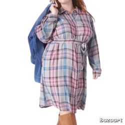 Sz 16 Lane Bryant Shirt Dress Plaid Belted Shirtdress Gray Pink Blue