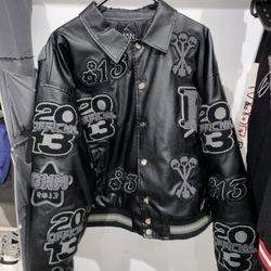 All Black BoohooMAN Leather Varsity Jacket 