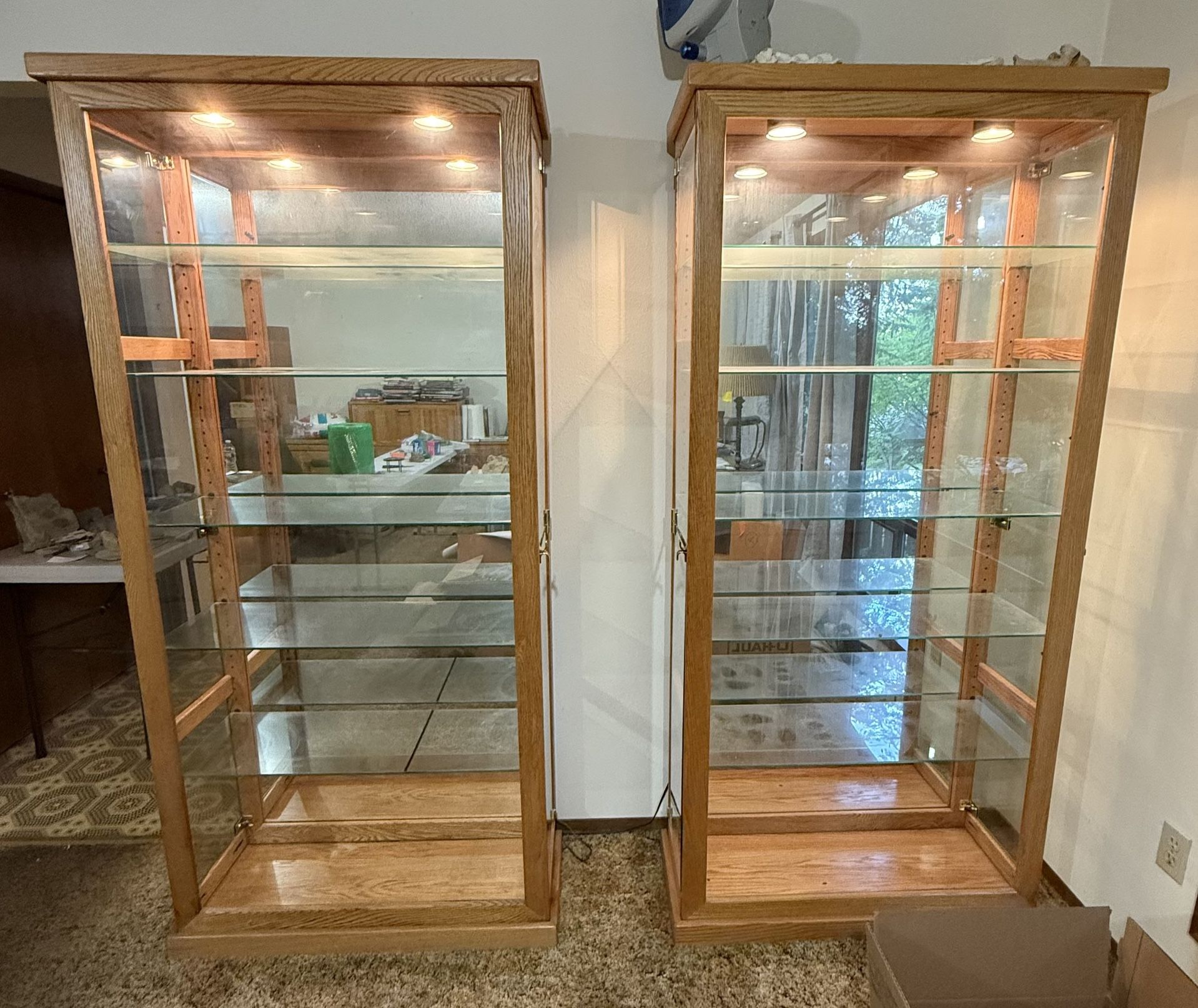 2 Matching Solid Oak curio / display cabinets