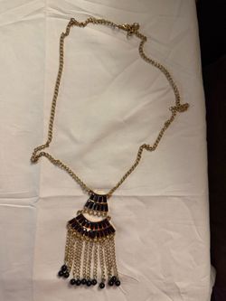 Boho Fringed Ladder Pendant Necklace Gold Tone Chain Dangling Chain Black Beads