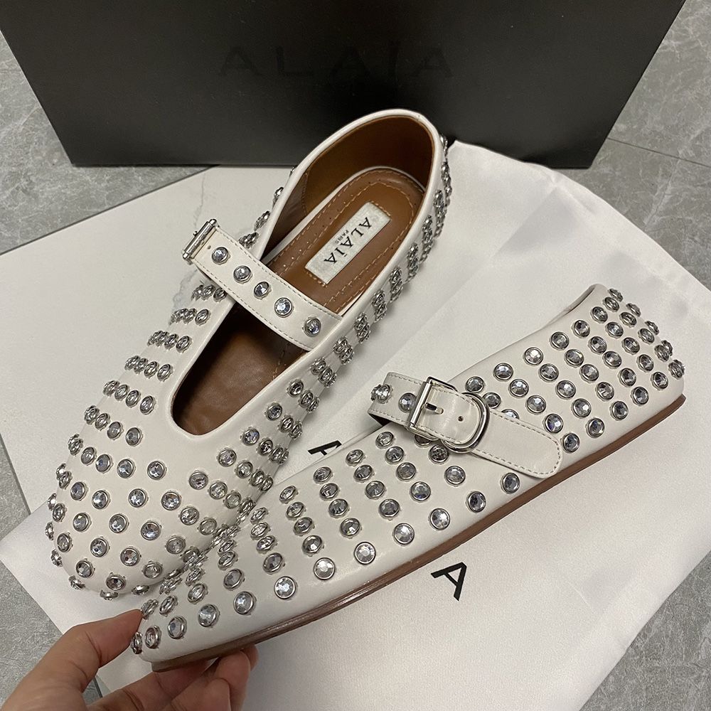 White Leather With Rhinestone Ballet Flats Size 9.5 