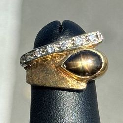 14k solid yellow gold star sapphire vintage diamond ring sz 4