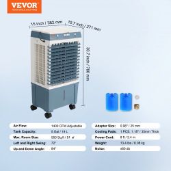 Evaporative Cooler, 1400 CFM Air Cooler, 84° Oscillating Swamp Cooler ,5 Gal Portable Air Cooler for 550 Sq.ft with 3 Speeds Adjustable Control, Indoo