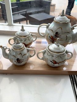 Vintage Pheasant Porcelain Tea Set 2 Teapots 2 Sugar Bowls Gold Trim Lustre