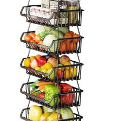 Fruit Vegetable Storage Baskets with Wheels, 6 Tier Stackable Wire Storage Baskets, Tall Standing Produce Kitchen Rack, Narrow Rolling Cart for Pantry