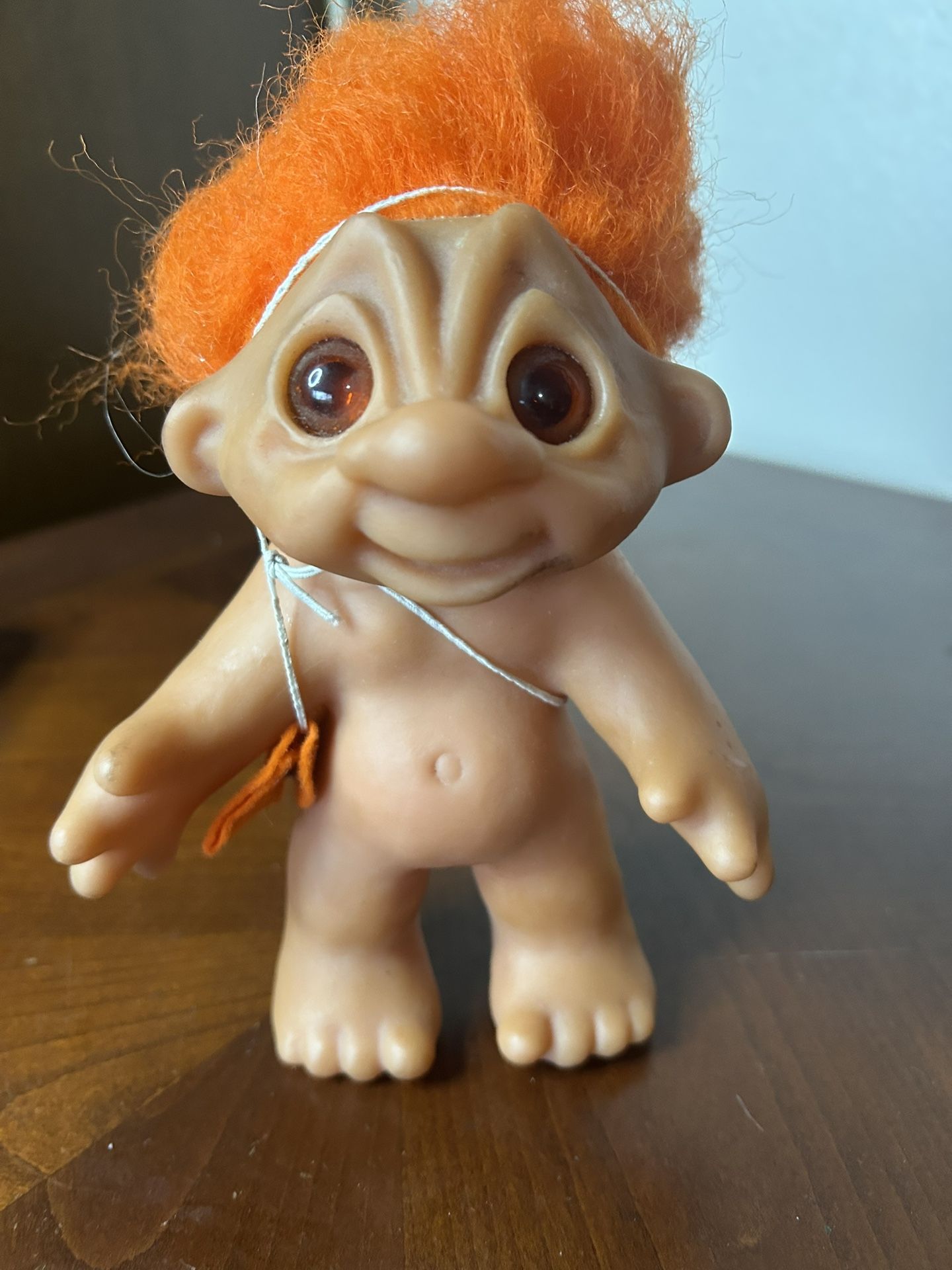 Vintage 1977 THOMAS DAM TROLL DOLL Orange  Hair, Glass Eyes, Orange Bag