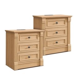Farmhouse 3-Drawer Nightstand Set of 2 with Charging Station, Wood End Table with Roman Column for Bedroom, Natural
