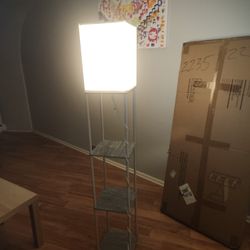 Shelf Floor Lamp with 3-Way Dimmable LED Bulb, Modern Square Standing Lamp with Shelves and White Shade, Corner Display Bookshelf Lamp for Living Room