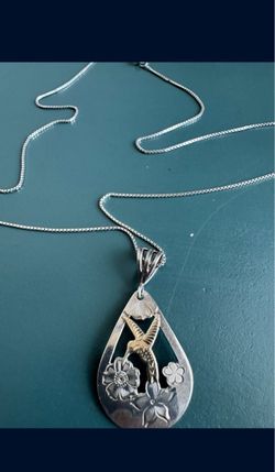 Silver and 10k gold Hummingbird Floral Pendant Necklace