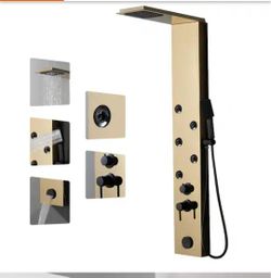 Spa Shower System Panel Dual Heads Rainfall 5 Massage Jet  Spout in Brushed Gold