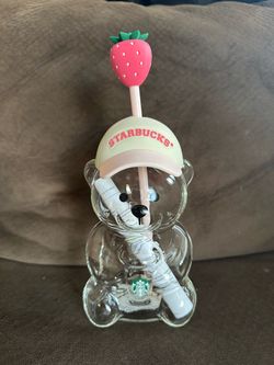 Starbucks Bear Glass Cup with Strawberry Straw