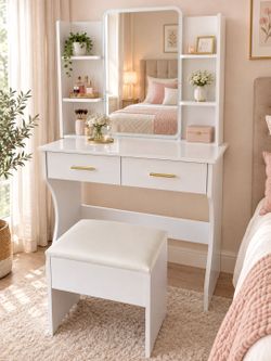 White Vanity Table Set with Mirror and Stool