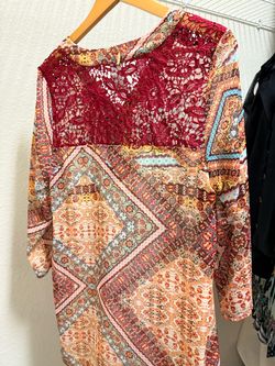 Boho Print Top with Lace Yoke
