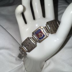 Vintage 1940s Paris France Souvenir Monument Silver tone & Enamel 8" Bracelet