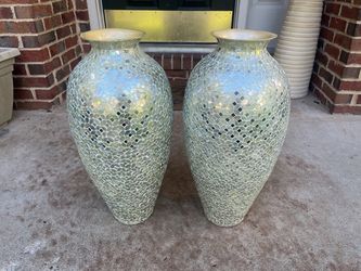 Pair of Iridescent Mosaic Glass Floor Vases – 21” Tall