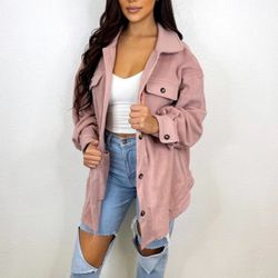 Bibi Women's Fleece Jacket Light Pink Mauve Oversized Relaxed Fit SM Pockets