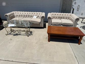 Sofas, glass coffee table, wooden coffee table