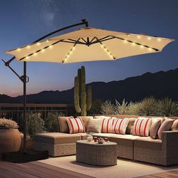 10FT Solar LED Cantilever Patio Umbrella with Base Included, Beige