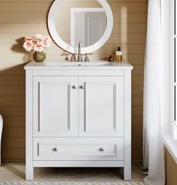 ZF0006-YN Bathroom Vanity with Sink, Solid Wood Frame Freestanding Vanity with Door Organizer and Drawer
