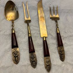 Four vintage Siam Buddah wood and brass serving set