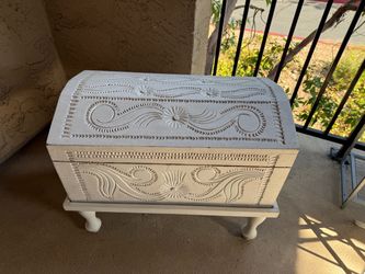 White Carved Wood Dome Trunk Chest