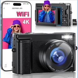 Brand new 4K Digital Camera for Photography, WiFi 64MP 180° Flip Screen 3" Autofocus Vlogging Camera for YouTube, 16X Zoom Compact Point and Shoot Cam