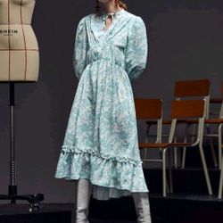 SHEIN X New Little Wings Floral Print Tie Neck Frill Trim Ruffle High Low Hem Dress